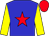 Blue body, red star, yellow arms, red cap