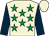 Beige, emerald green stars, dark blue sleeves, beige cap