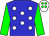 Blue body, white spots, green arms, white cap, green spots