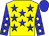 yellow, blue stars, blue sleeves, white stars, blue cap