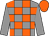 Grey body, orange checked, grey arms, orange cap