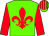 Dayglo green, red fleur de lys and sleeves, striped cap