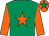 Emerald green, orange star & sleeves, orange cap, emerald green star