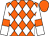 Orange and white diamonds, white sleeves, orange armlets, orange cap