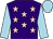 Purple, pink stars, light blue sleeves and cap