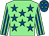 Light green, royal blue stars, striped sleeves, royal blue cap, light green stars