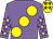 Mauve, large yellow spots, mauve sleeves, pink stars, yellow cap, mauve stars