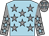 Light blue, grey stars, grey sleeves, light blue stars, grey cap, light blue stars