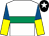 White, emerald green hoop, yellow & royal blue halved sleeves, black cap, white star