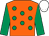 Orange, emerald green spots, emerald green sleeves, white cap