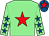 Light green, red star, light green sleeves, royal blue stars, royal blue cap, red star