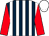 Dark blue and white stripes, red sleeves, white cap