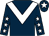 Dark blue, white chevron, dark blue sleeves, white stars, dark blue cap, white star