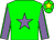 Green body, mauve star, mauve arms, green seams, green cap, yellow star