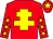 Red body, yellow cross of lorraine, red arms, yellow stars, red cap, yellow star