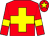 Red body, yellow cross, red arms, yellow armlets, red cap, yellow star