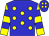 Big-blue body, yellow spots, yellow arms, big-blue hooped, big-blue cap, yellow spots