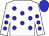 White body, blue spots, white arms, blue spots, blue cap