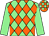 Light green and orange diamonds, light green sleeves, orange and light green check cap