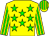 Yellow body, green stars, yellow arms, green striped, yellow cap, green striped