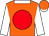 Orange, red ball, white collar and sleeves, orange cap, white peak