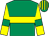 Emerald green, yellow hoop, yellow sleeves, emerald green armlets, emerald green and yellow striped cap