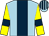 Light blue, dark blue stripe, yellow sleeves, dark blue armlets, light blue and dark blue striped cap