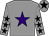 Grey, purple star, grey sleeves, black stars, grey cap, black star