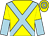 yellow, light blue cross belts, halved sleeves, hooped cap