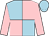 Light blue and pink quartered, pink sleeves, light blue cap