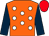 Orange, white spots, dark blue sleeves, red cap