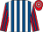 Royal blue and white stripes, red and royal blue striped sleeves, red and white hooped cap