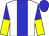 white, blue stripe, blue and yellow halved sleeves, blue cap