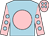 Light blue, pink disc, pink sleeves, light blue spots, pink cap, light blue spots