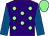 Purple, light green spots, royal blue sleeves, light green cap