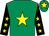 Emerald green, yellow star, black sleeves, yellow stars, emerald green cap, yellow star