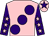 Pink, large purple spots, purple sleeves, pink stars, pink cap, purple star