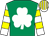 Emerald green, white shamrock, white and yellow hooped sleeves, white and yellow striped cap