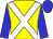 Yellow, white crossed sashes, blue sleeves and cap