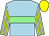 Light blue, light green hoop, light blue and yellow striped sleeves, yellow cap