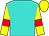 turquoise, red armbands on yellow sleeves, yellow cap