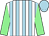 White, light blue stripes, light green sleeves, cap