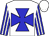 White, blue maltese cross, blue and white striped sleeves, white cap