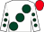 White, large dark green spots, white sleeves, dark green spots, red cap