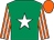 Emerald green, white star, orange & white striped sleeves, orange cap