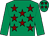 Emerald green, maroon stars, emerald green sleeves, maroon stars on cap