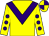 yellow, purple chevron, yellow sleeves, purple spots, yellow and purple quartered cap