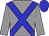 Grey body, blue cross sashes, grey arms, blue cap