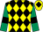 Black and yellow diamonds, emerald green sleeves, black armlets, yellow cap, black diamond