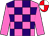 neon pink and purple checks and neon pink halved horizontally, neon pink sleeves, red and white quartered cap